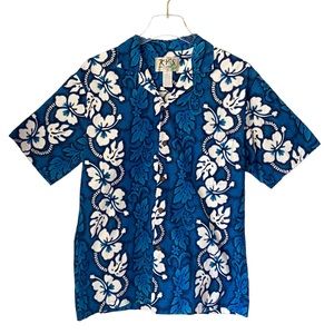 KY’S Hawaiian Shirt Cotton White Hibiscus Panel On Blue Size Medium Aloha